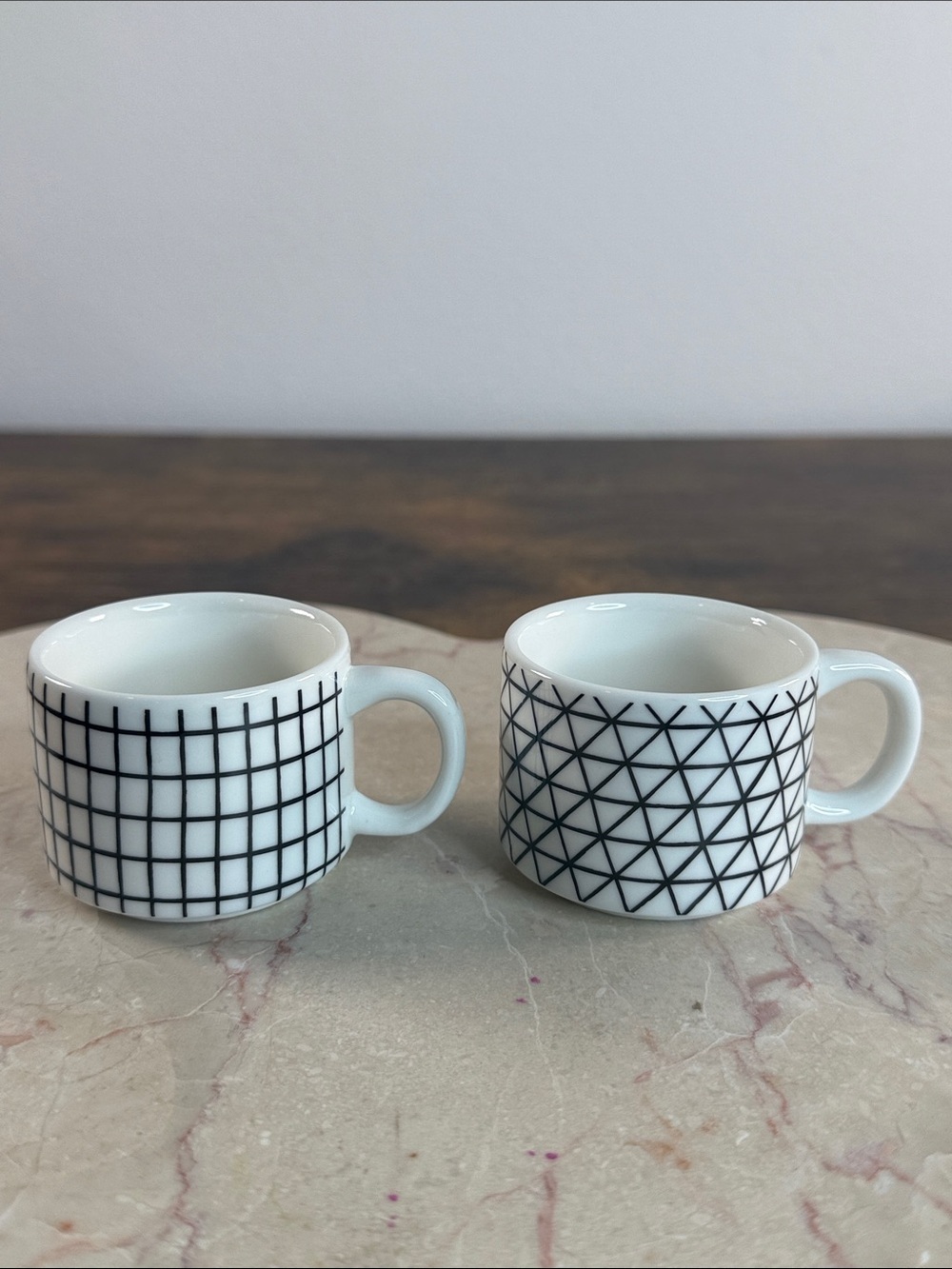 Porcelain Espresso Cup Set in White with Black Geometric Patterns - Set of 2
